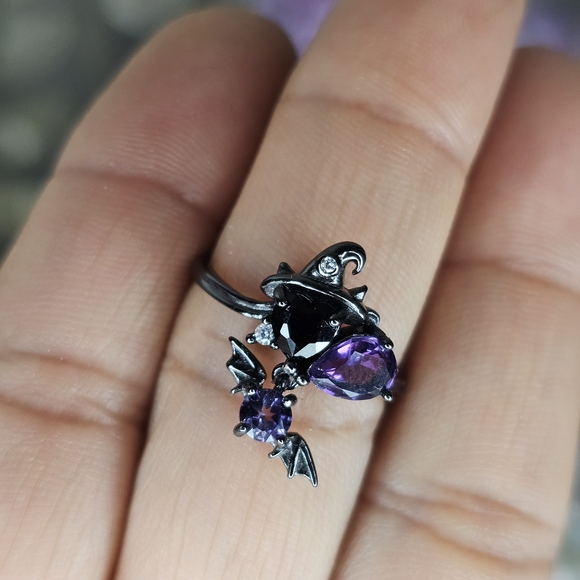 NEW 925ss Mystical Aura Coated Black and Purple Witch Hat Ring - Picture 5 of 8